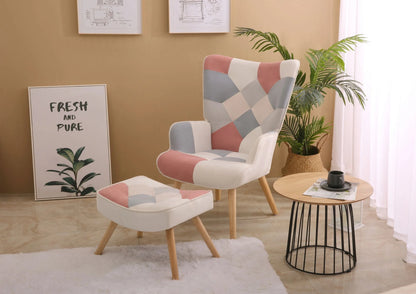 Modern Accent Chair with Solid Wood Legs and High Wing Backrest, Side Chair Set with Ottoman, Comfy Side Armchair for Living Room, Reading Room, Bedroom, Colorful Patchwork