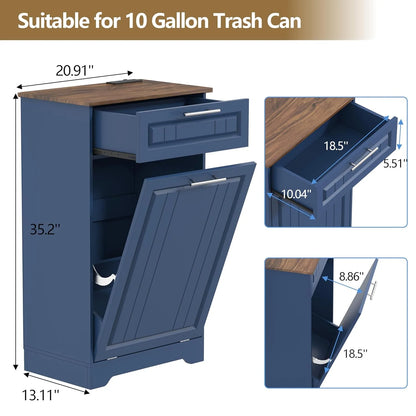 Single 10 Gallon Tilt Out Trash Can Cabinet with Deodorizing Function, Wooden Hidden Garbage Can Holder with Storage Drawers for Kitchen and Dining Room, Laundry Hamper Cabinet for Bathroom, Blue