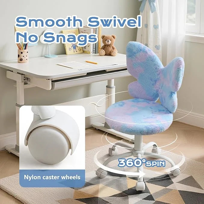 Adorable Butterfly Kids Desk Chair - Comfy Swivel Computer Chair for Girls Room, Fluffy Kids Office Chair for Reading & Vanity,Blue
