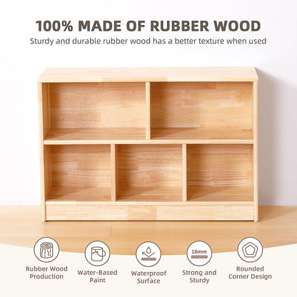 Rubber Wood 5-Compartment Montessori Shelf, 35.4" L Toddler Bookshelf, 2-Tier Wooden Storage Cabinet, Kids Classroom Organizer, Playroom, Daycare and Preschool Storage Shelves