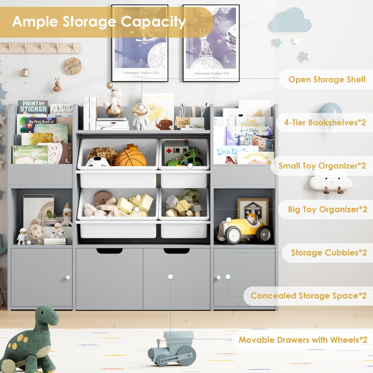 Hiphuta Kids Bookcase Toy Storage Organizer, Wooden Toy Organizer of 4 Bins& 2 Removable Drawers for Home Bedroom, Kids Bookshelf Toy Box with Book Rack, White