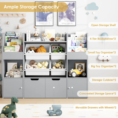 Hiphuta Kids Bookcase Toy Storage Organizer, Wooden Toy Organizer of 4 Bins& 2 Removable Drawers for Home Bedroom, Kids Bookshelf Toy Box with Book Rack, White