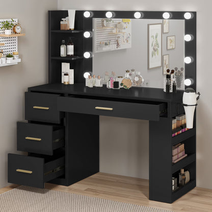 Uforic Makeup Vanity Desk with Mirror & Lights, Vanity Desk with 4 Drawers & Storage Shelves - White