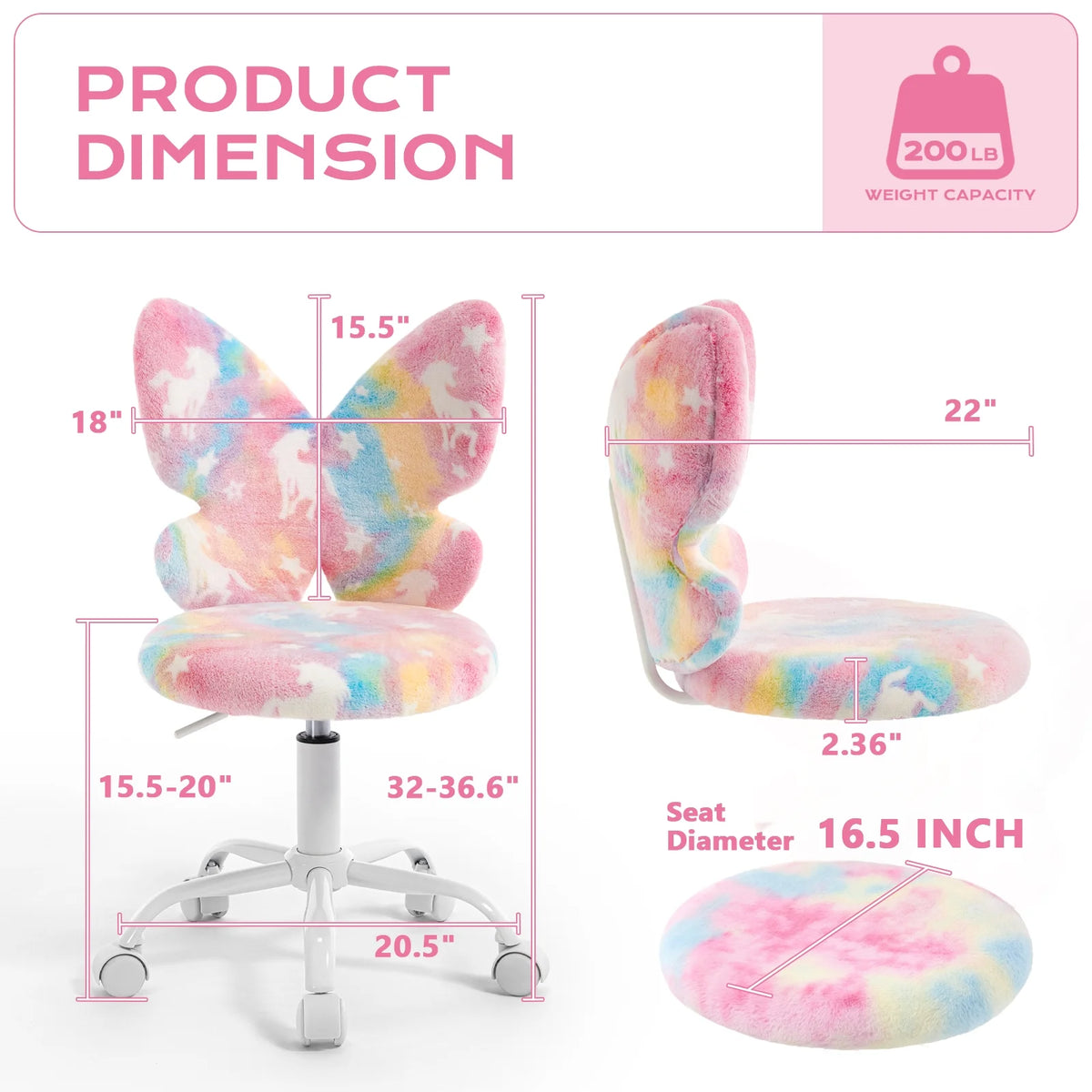 Adorable Butterfly Kids Desk Chair - Comfy Swivel Computer Chair for Girls Room, Fluffy Kids Office Chair for Reading & Vanity,Blue