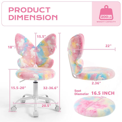 Adorable Butterfly Kids Desk Chair - Comfy Swivel Computer Chair for Girls Room, Fluffy Kids Office Chair for Reading & Vanity,Blue