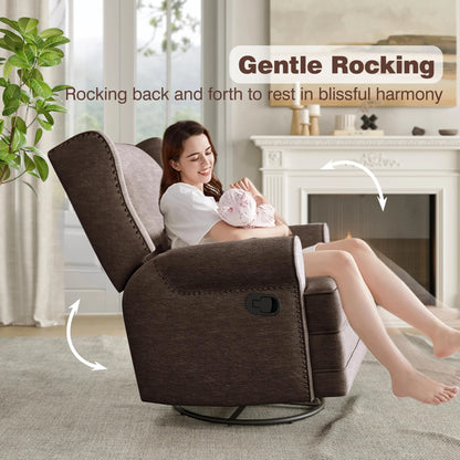 Royalcraft Swivel Nursery Glider Recliner, Comfy Upholstered Glider Chair with Lumbar Pillow and Footrest, Beige