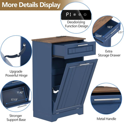 Single 10 Gallon Tilt Out Trash Can Cabinet with Deodorizing Function, Wooden Hidden Garbage Can Holder with Storage Drawers for Kitchen and Dining Room, Laundry Hamper Cabinet for Bathroom, Blue