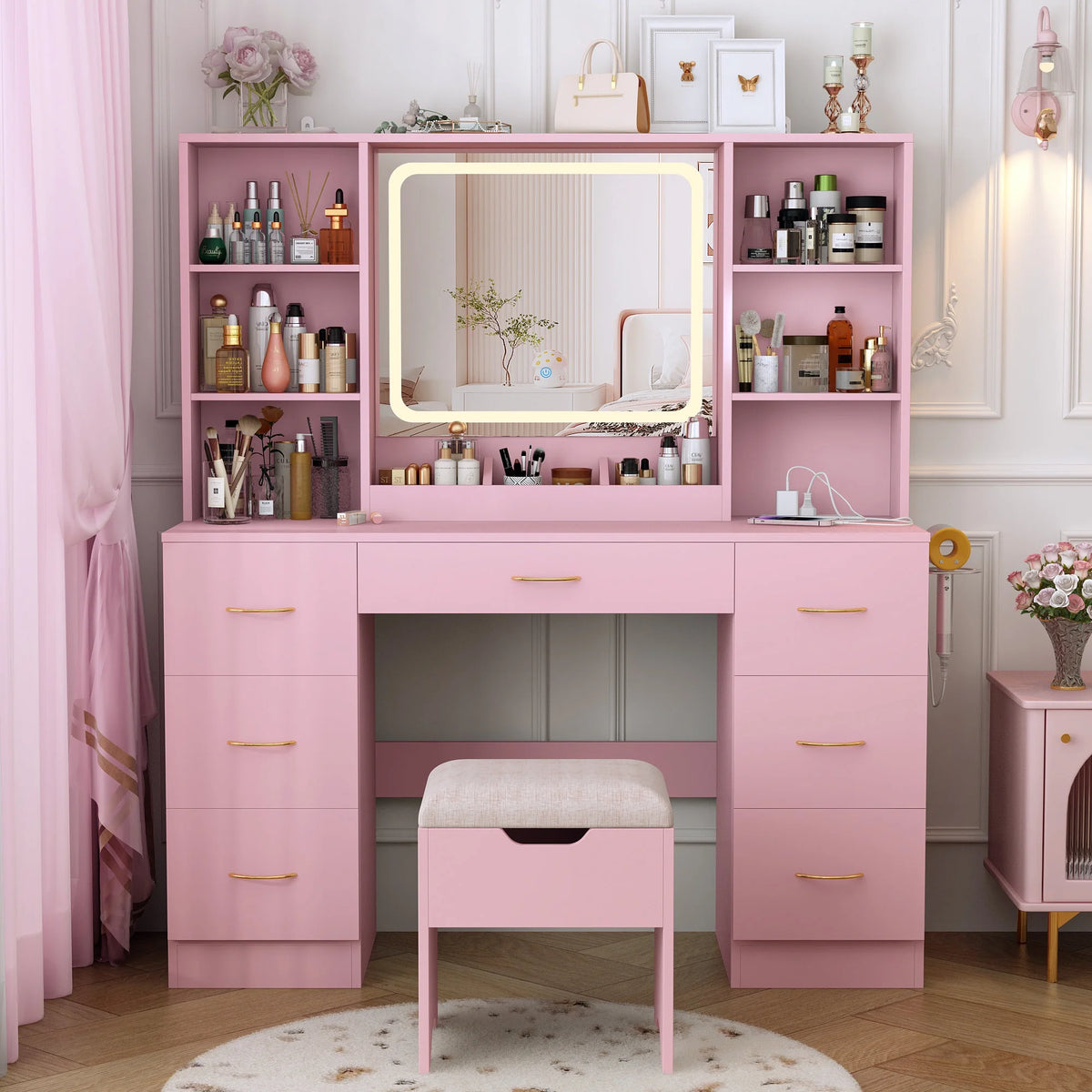 47" Large Vanity Desk with Lighted Mirror & Charging Station, Black Makeup Vanity with 7 Drawers & 6 Shelves, Vanity Set with Cushioned Stool