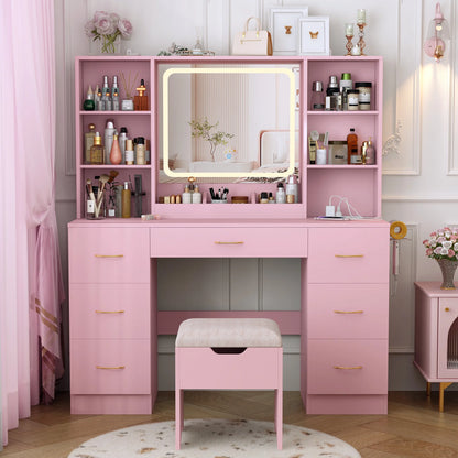 47" Large Vanity Desk with Lighted Mirror & Charging Station, Black Makeup Vanity with 7 Drawers & 6 Shelves, Vanity Set with Cushioned Stool