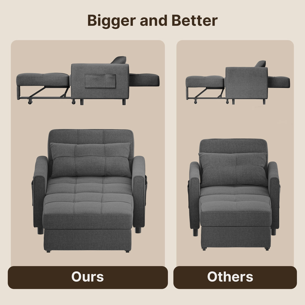 3 in 1 Convertible Sofa Bed Chair for Living Room , Aiho Sleeper Sofa Bed for Living Room, Dark Gray