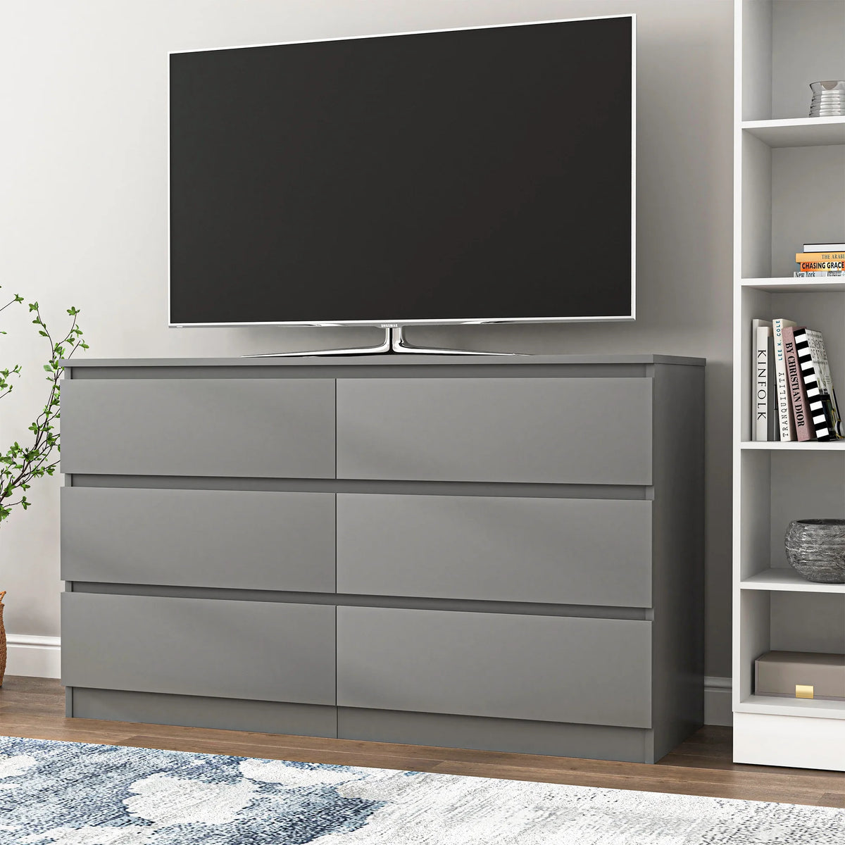 Resenkos Modern Mid Century 6 Drawer Wide Dressers Chests for Bedroom, Chest of Drawer Organizer Grey