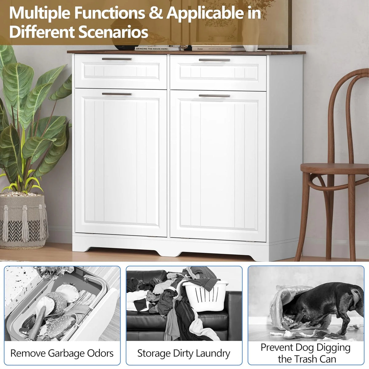 Single 10 Gallon Tilt Out Trash Can Cabinet with Deodorizing Function, Wooden Hidden Garbage Can Holder with Storage Drawers for Kitchen and Dining Room, Laundry Hamper Cabinet for Bathroom, Blue