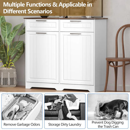 Single 10 Gallon Tilt Out Trash Can Cabinet with Deodorizing Function, Wooden Hidden Garbage Can Holder with Storage Drawers for Kitchen and Dining Room, Laundry Hamper Cabinet for Bathroom, Blue