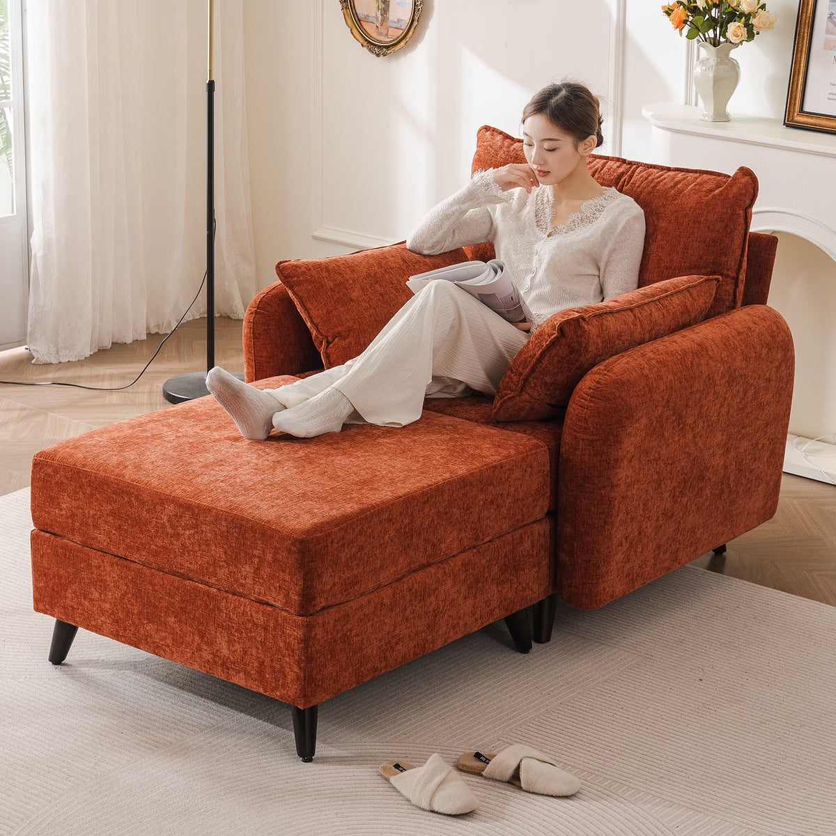 Rexulqo Oversized Accent Chair with All Seats Storage,Comfy Living Room Chairs with 2 Throw Pillow,Upholstered Mid-Century Armchair,24.5'' Deep Seat,Reading Chair For Bedroom ,Office,Chenille,Green