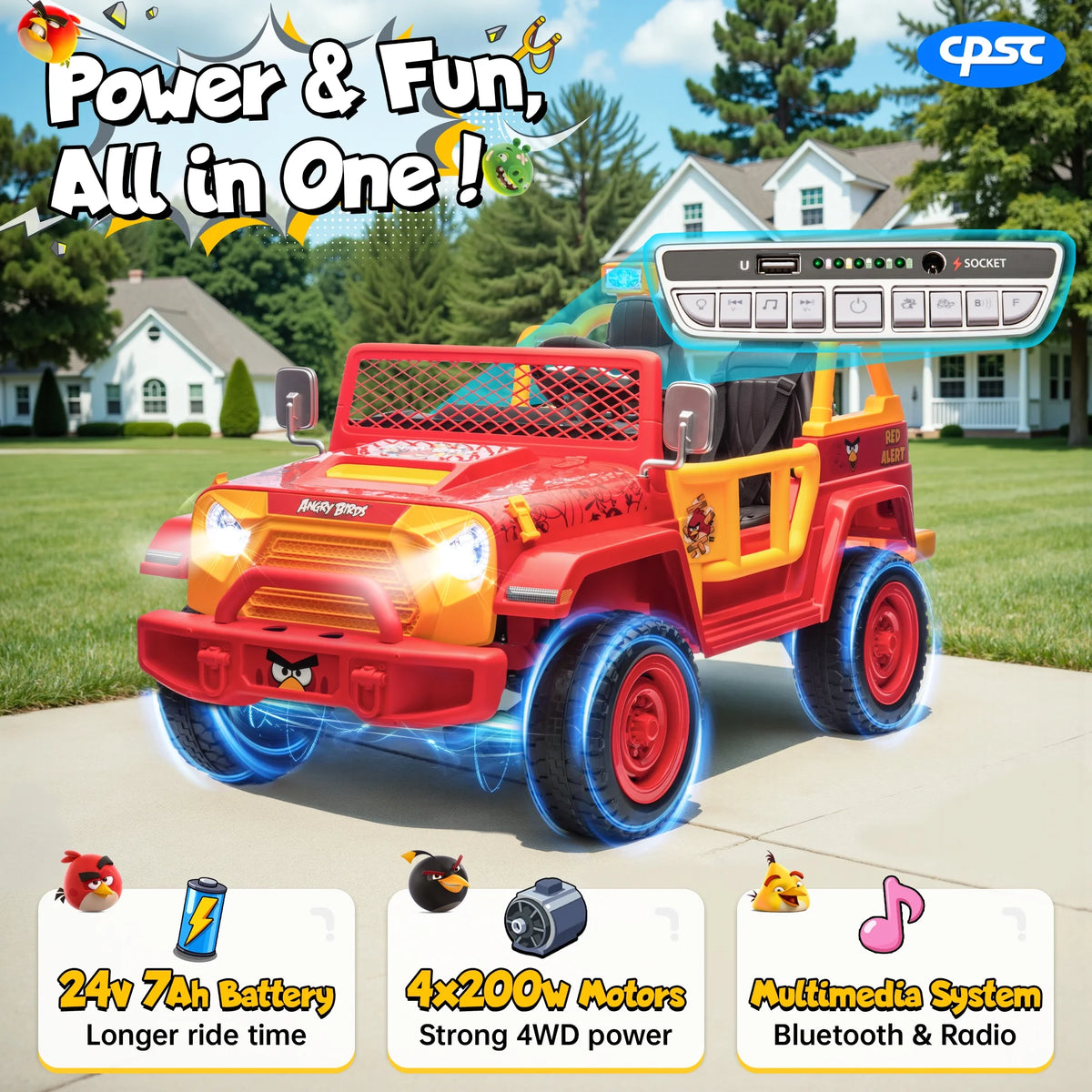 Joyracer 24 Volt Ride on Toys for Big Kids, Licensed Angry Birds Ride on Truck with Remote, 2 Seater 4WD Electric Ride ons with Shovel, Bluetooth, Lights, Power Car Wheels for 3-8, 130lbs, Green