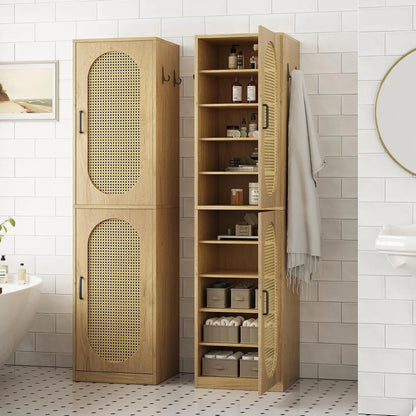 66-Inch Bathroom Storage Cabinet with Rattan Doors,  Bath Room Organizer Floor Cabinets Brown