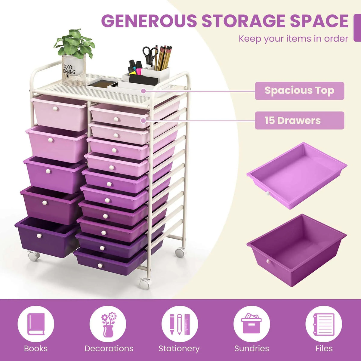 Costway 15 Drawer Rolling Storage Cart Tools Scrapbook Paper Office School Organizer White