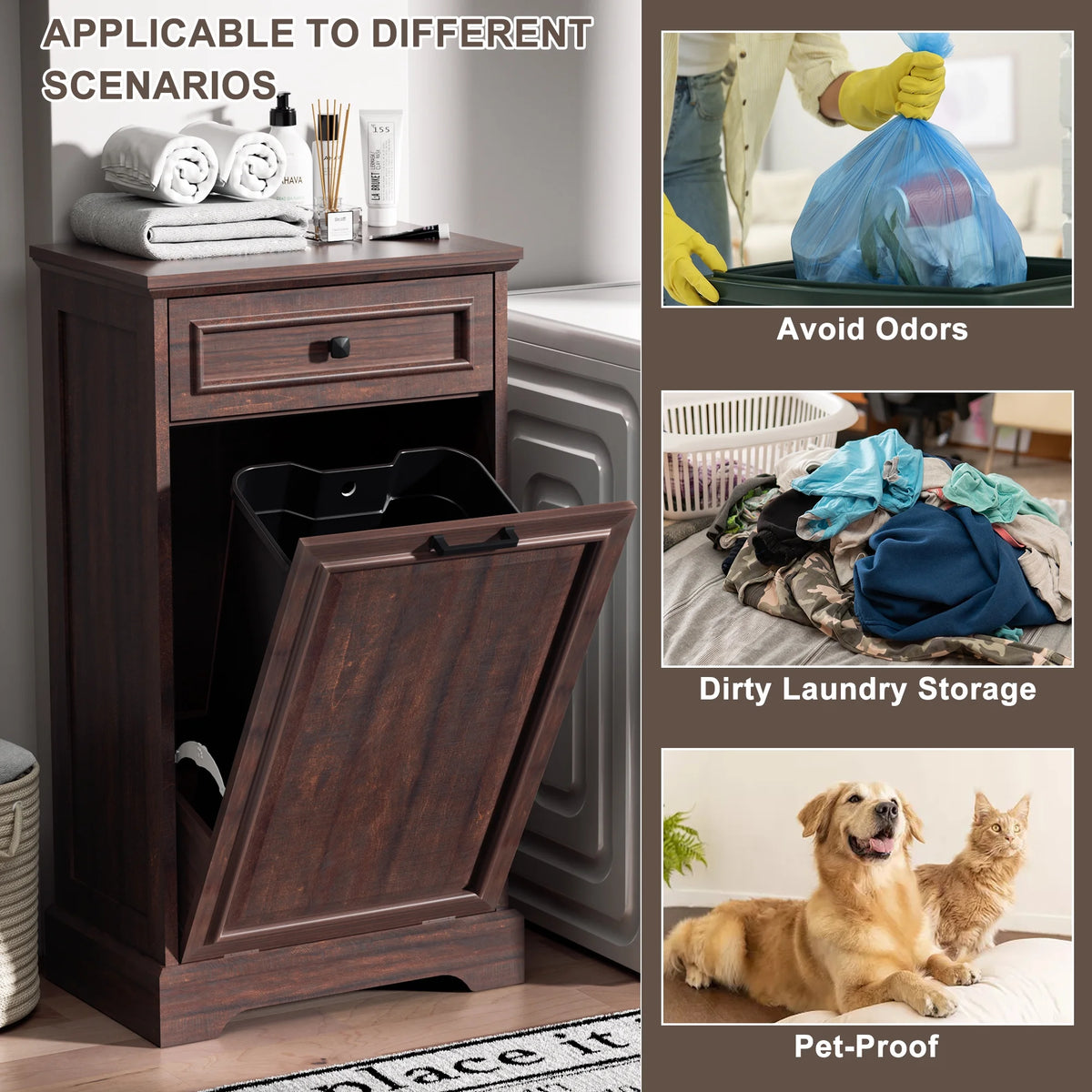 HARIPUL Single Tilt Out Trash Cabinet for 13 Gallon Waste Bin, Free Standing Kitchen Trash Can Cabinet with Drawers, White