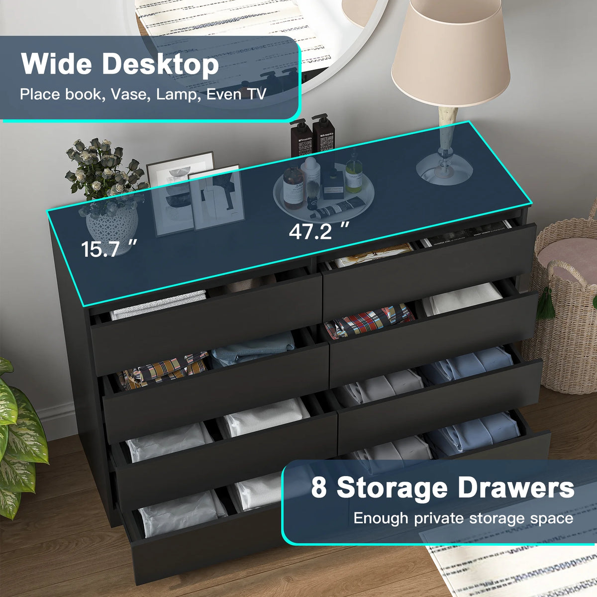 Resenkos Modern Mid Century 6 Drawer Wide Dressers Chests for Bedroom, Chest of Drawer Organizer Grey