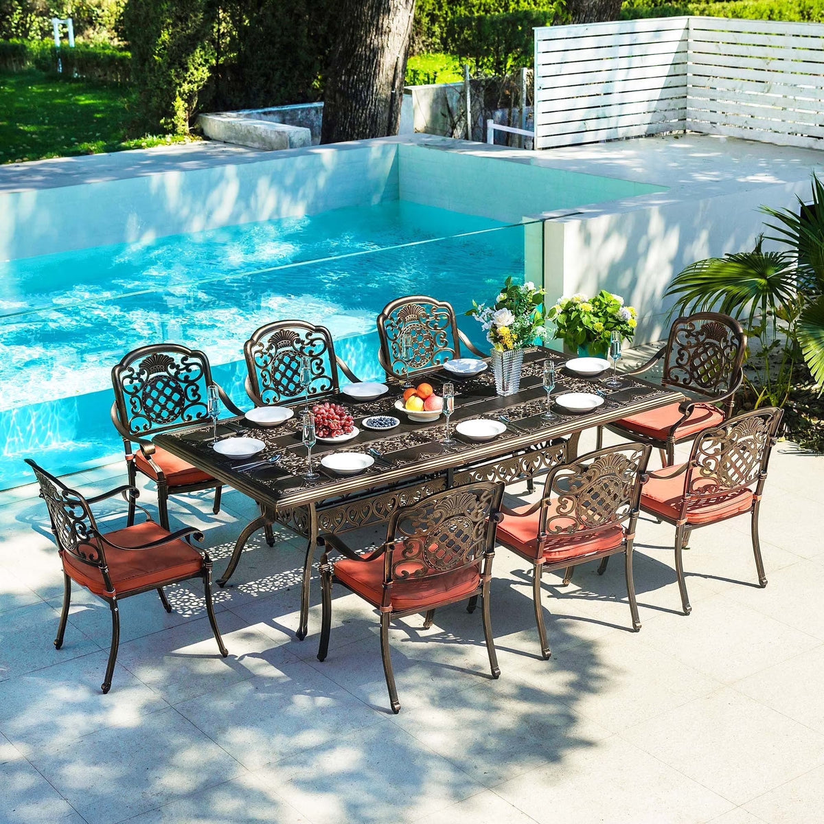 7-Piece Patio Furniture Dining Set, All-Weather Cast Aluminum Outdoor Table and Chairs for 6, Includes 4 Dining Chair & 2 Swivel Chairs & 60���� Rectangular Table, Beige