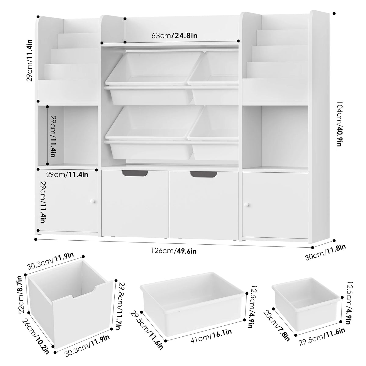 Hiphuta Kids Bookcase Toy Storage Organizer, Wooden Toy Organizer of 4 Bins& 2 Removable Drawers for Home Bedroom, Kids Bookshelf Toy Box with Book Rack, White