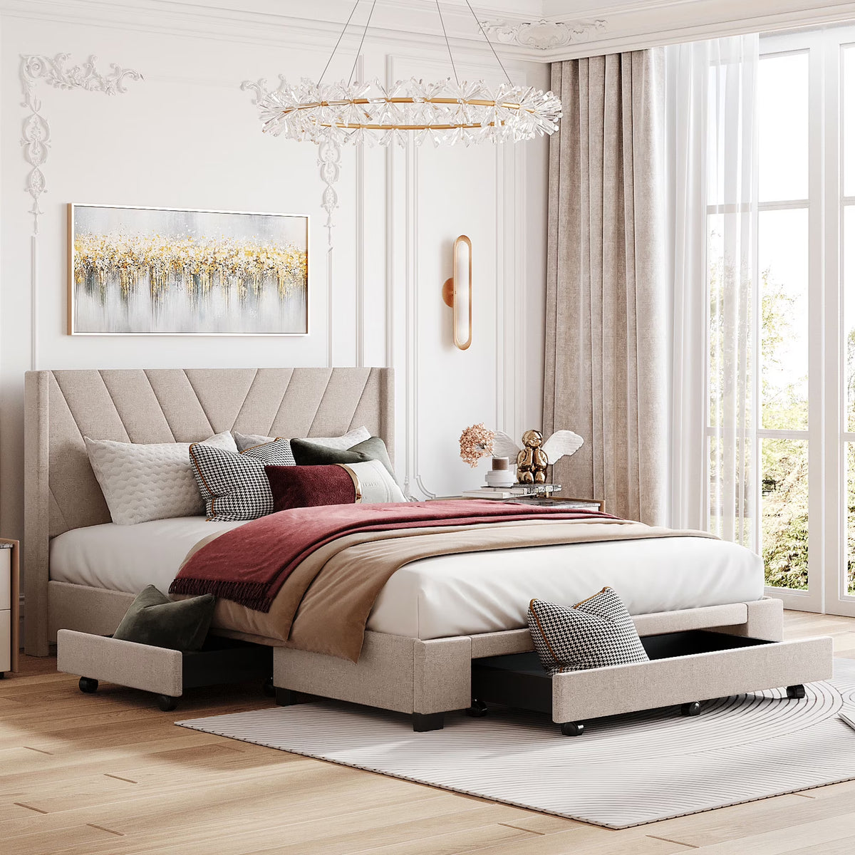Sesslife Queen Bed Frame with Storage, New Upgraded Linen Upholstered Platform Bed with 3 Drawers, Queen Size Storage Bed with Headboard and Wooden Slats, No Box Spring Needed, Holds 500lbs, Beige