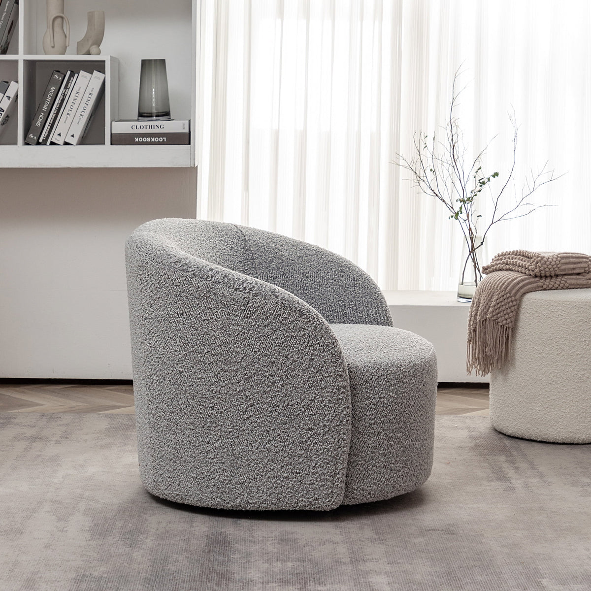 34" W Mid Century Modern Swivel Barrel Chair, Round Upholstered Boucle Swivel Accent Chairs, No Assembly Sofa Chair for Living Room Bedroom Reading Apartment Lounge Nursery(Cream)