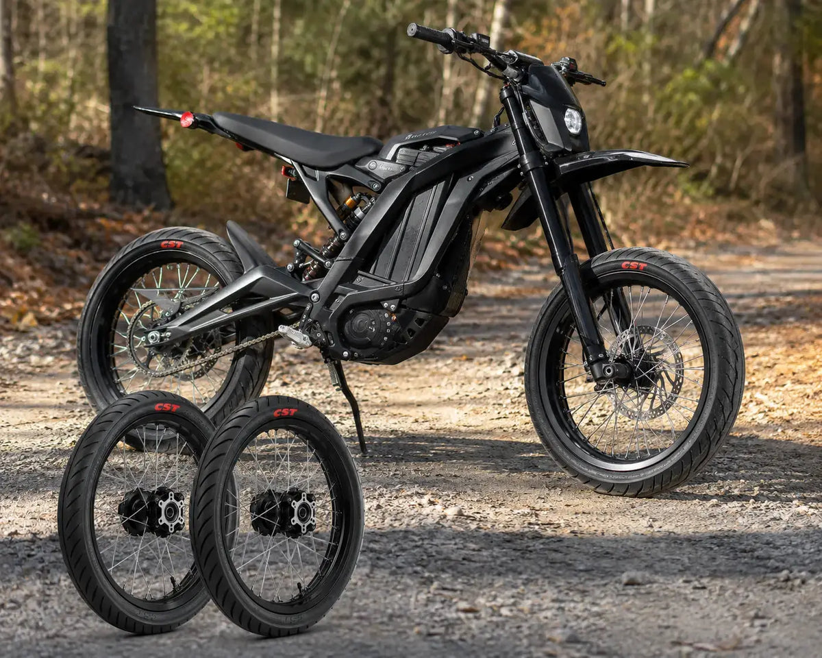 SurRon Light Bee 17 inch black wheel set with CST street tires for pit bike and electric dirt bike upgrade