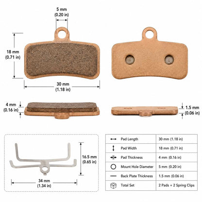 Dimension chart for Surron Light Bee sintered metal brake pads showing pad length, width, thickness, mounting hole diameter, and spring clip measurements.