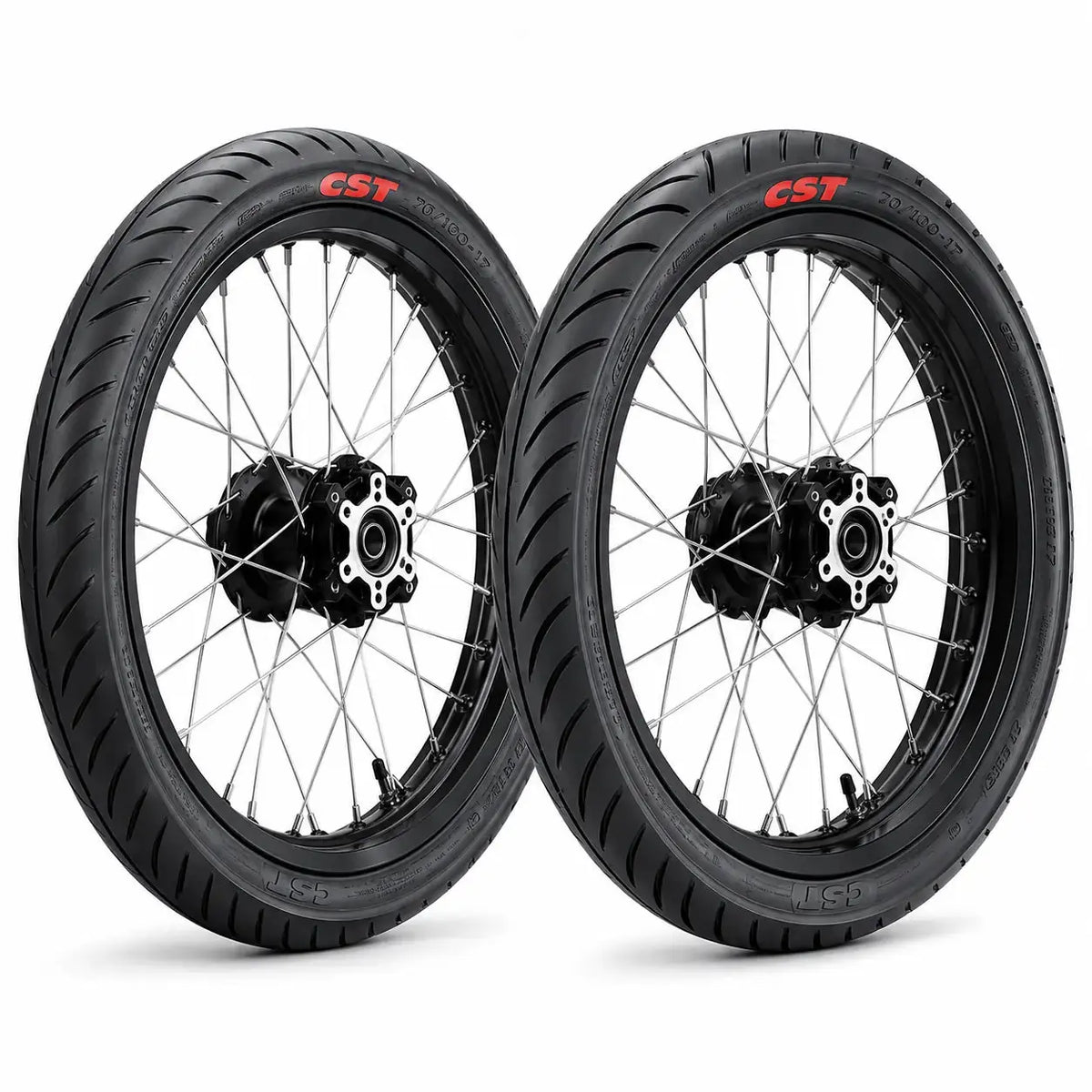 SurRon Light Bee 17 inch black wheel set with CST street tires for pit bike and electric dirt bike upgrade
