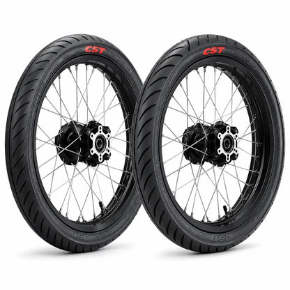 SurRon Light Bee 17 inch black wheel set with CST street tires for pit bike and electric dirt bike upgrade