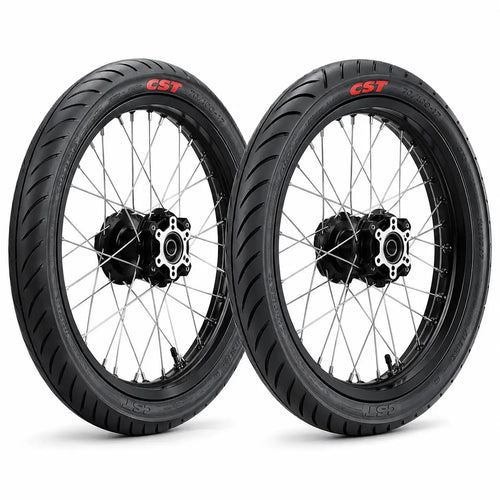 SurRon Light Bee 17 inch black wheel set with CST street tires for pit bike and electric dirt bike upgrade